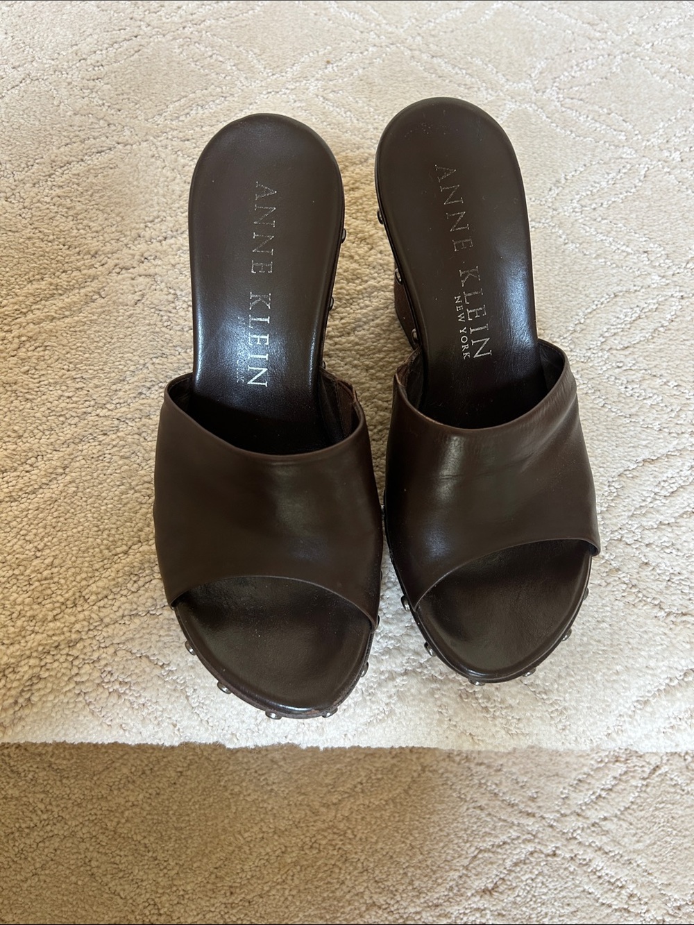 Anne Klein Dark Brown Open-Toe Leather Slide Mules 3 1/2 heel.